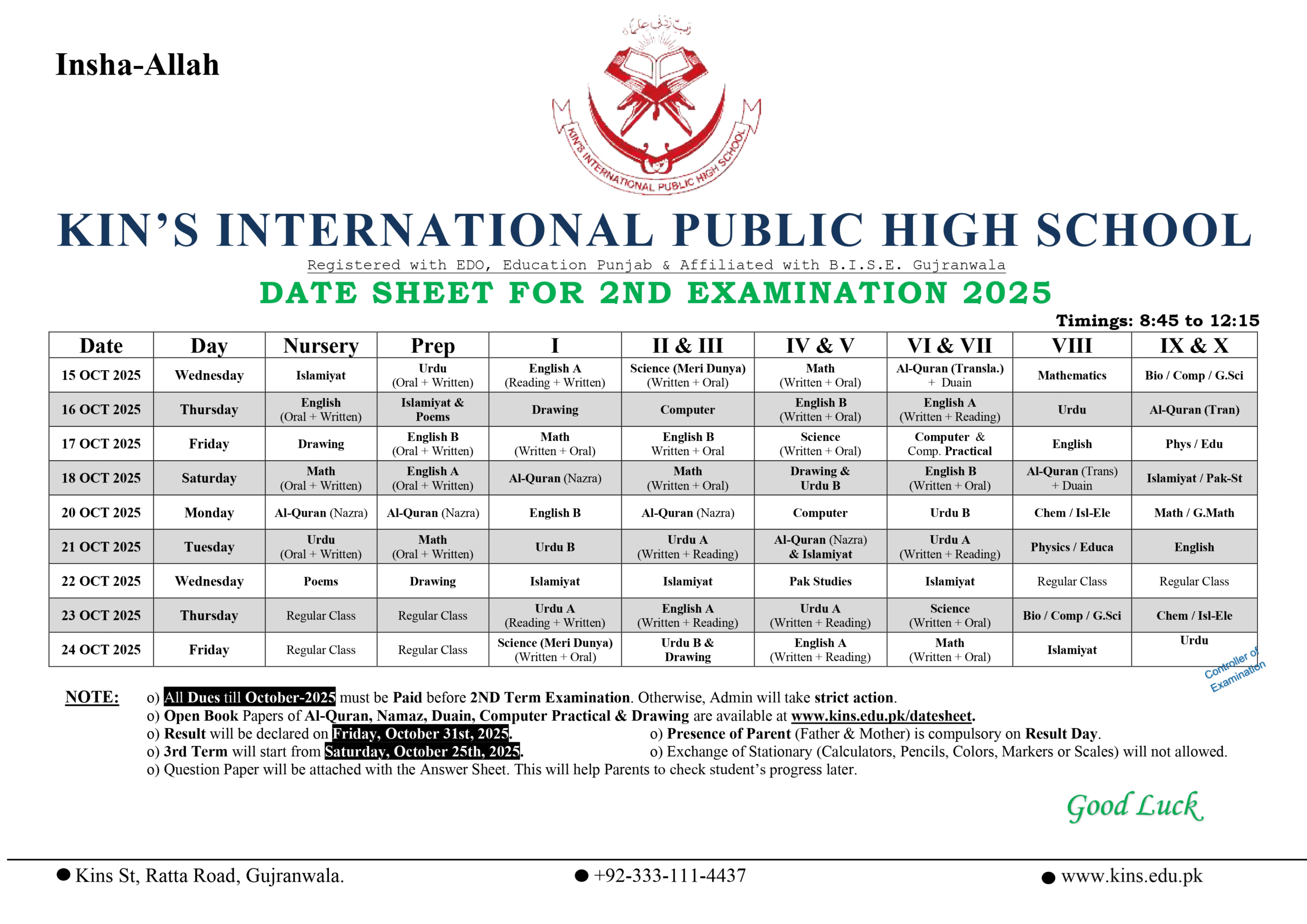 Datesheet 2nd Term Nur to 10th – 2025