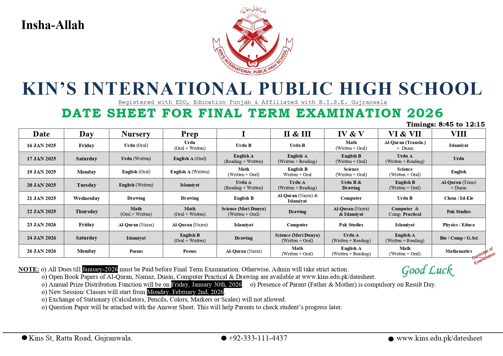 Datesheet for Final Term 2026 from Nursery to 8th Class